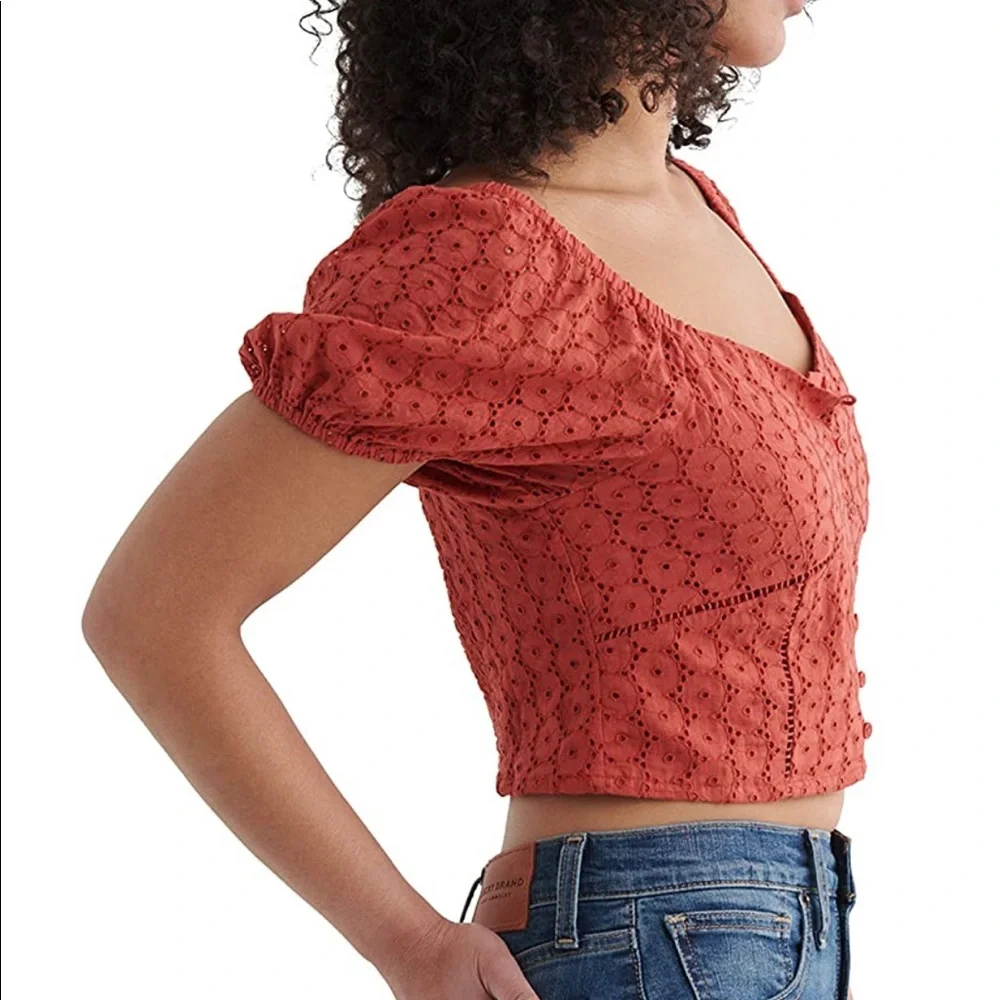 Lucky Brand Red Eyelet Button Front Peasant Puff Sleeve Shirt Tandori Spice - Picture 3 of 12